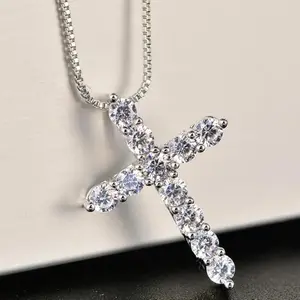 11ct Moissanite Cross Necklace, D-F Color VVS1 Clarity, 925 Sterling Silver-Men Women Cross Pendant Fine Jewelry, Wedding , Engagement day mother day gift necklace  for  girlfriend bling  lace necklace female fashion neck jewelry
