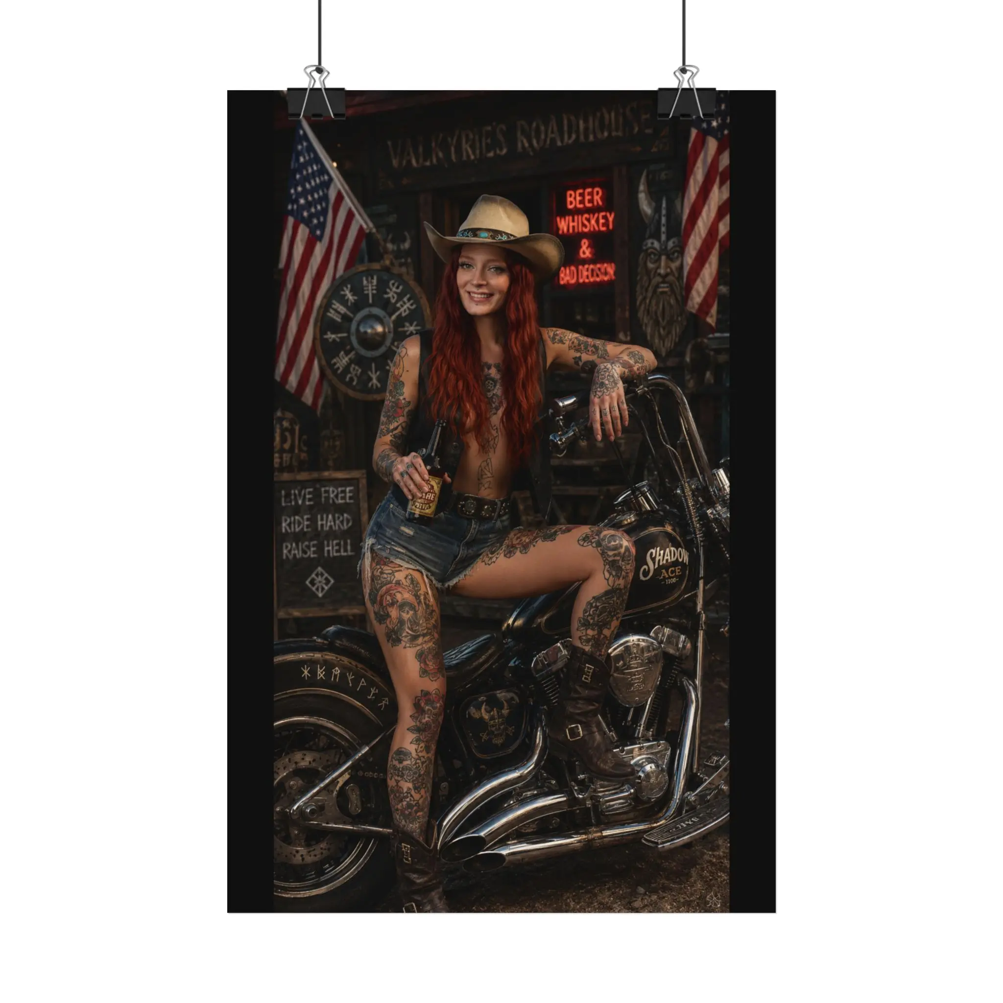Tattooed Cowgirl Biker Satin Poster | Motorcycle Pinup Wall Art, American Flag