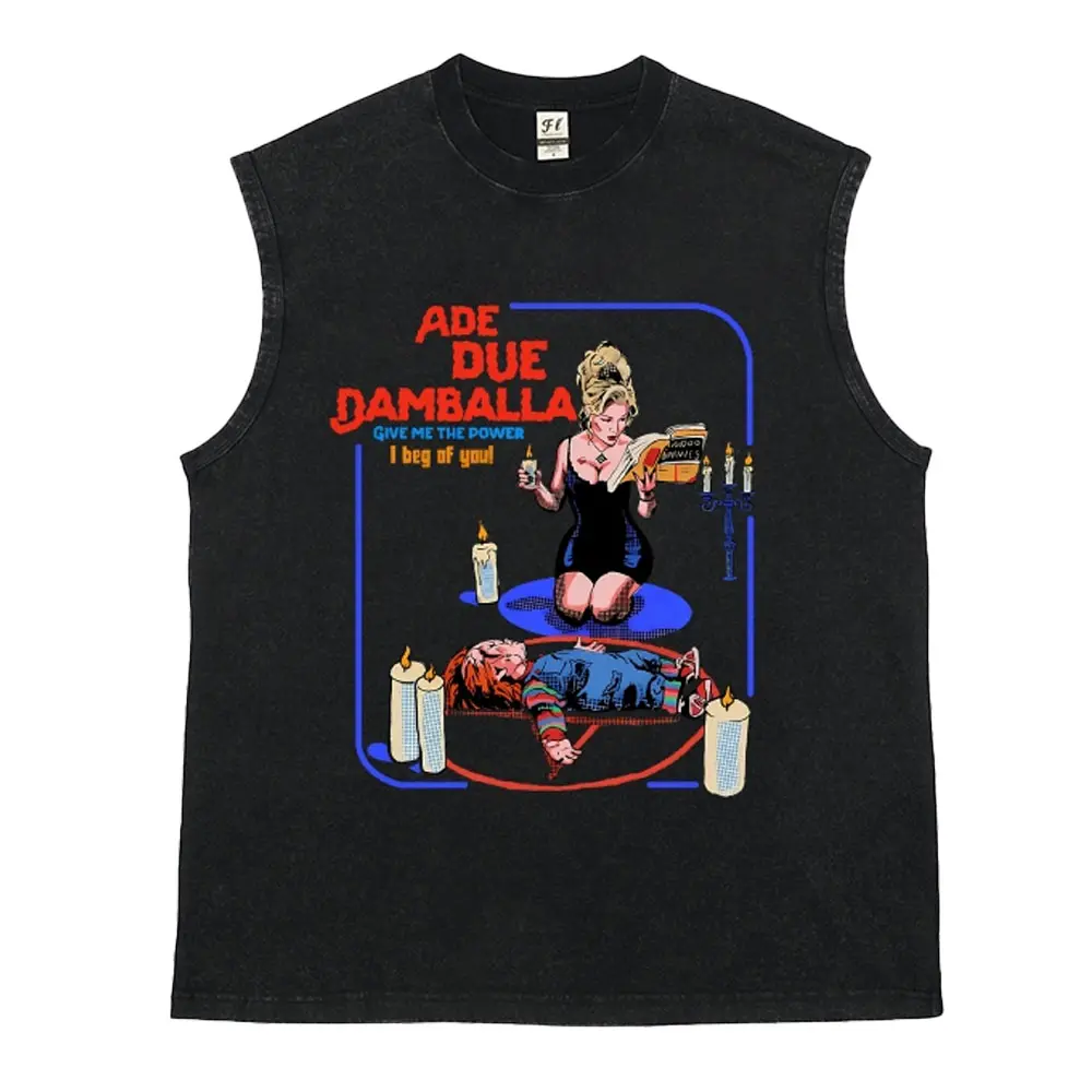 Men's Unisex Soft Breathable Loose Cotton Distressed Washed Streetwear Tank Top - "Bride of Chucky" Ade Due Damballa Horror Graphic, Vintage Sleeveless Retro Print Vest, Casual T-Shirts Clothes, Ideal Boyfriend Gift