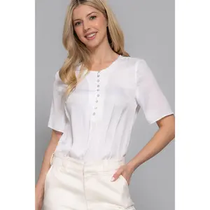 Opaque washed satin blouse with round neck and short-sleeves buttons