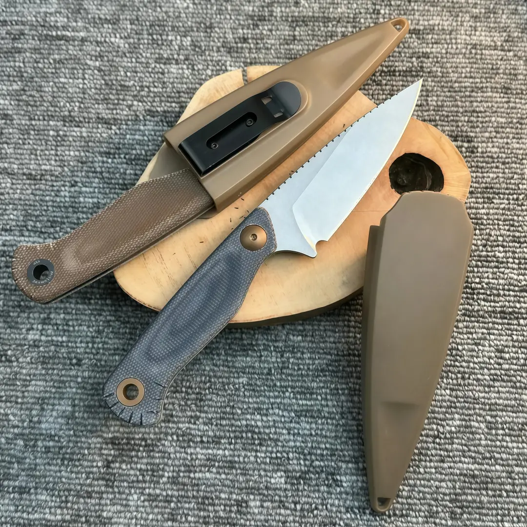 The 203 EDC fixed-blade knife features a compact design and a textured, non-slip handle, combining a stylish aesthetic with practical outdoor functionality.