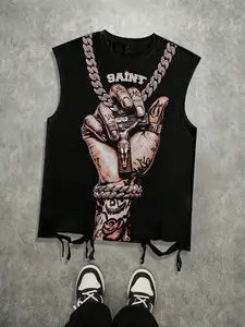 Cut through fringe punk street style vest for men's summer sleeveless round neck men's vest, a shirt that can be worn by both men and women, chain printed aesthetic geometric vest, American retro style
