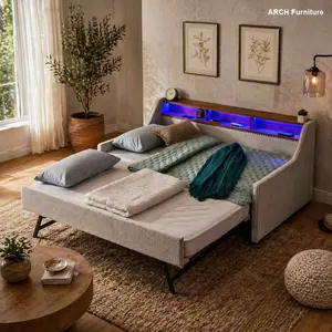 ARCH Twin Size Upholstered Futon Couch with Headrest - Linen Blend Padded Frame, 3 RGB LEDs, Adjustable Headboard, Foldable Leg Pull-Up Trundle Bed, Storage, Wireless Charging, Beige, Foldable Legs