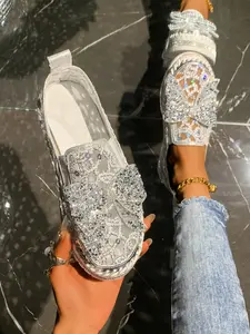 New Fashion Rhinestone Bow Net Mesh Breathable Women Platform Shoes, Summer Comfort Versatile Outdoor Thick Sole Slip-On Casual Loafers