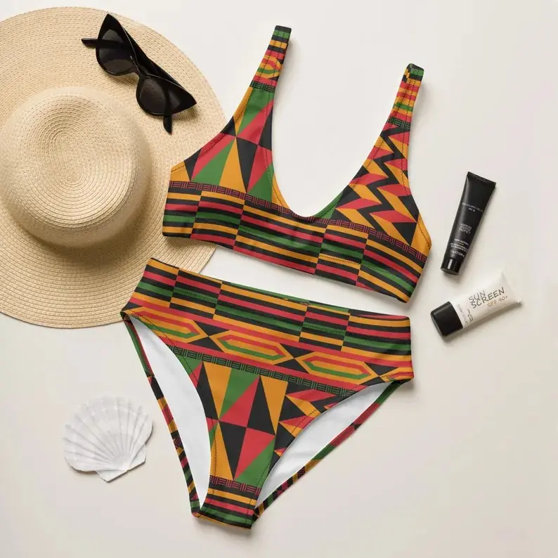 Women African Kente Print Bikini Set Red Green Gold Black 2 Piece High Waist Swimsuit Juneteenth Summer Beach Tribal Geometric Tanning Pool Party Comfy Loose Festival Swimwear