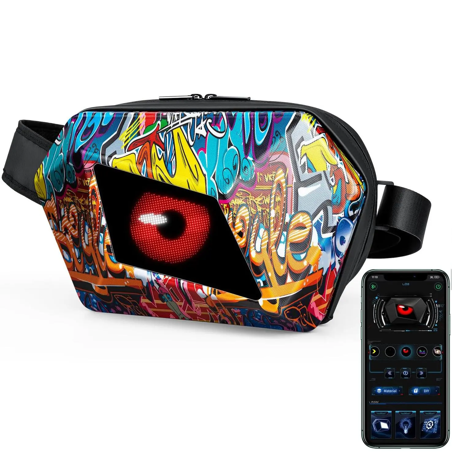 Devil Eye LED Motorcycle Riding Sling Bag, Waterproof Hard Shell Adjustable Crossbody Bag with Mobile Control, Full-color Screen and Programmable DIY Bag, Waterproof Fanny Packs, Waterproof Waist Bag, Waterproof Belt Bag