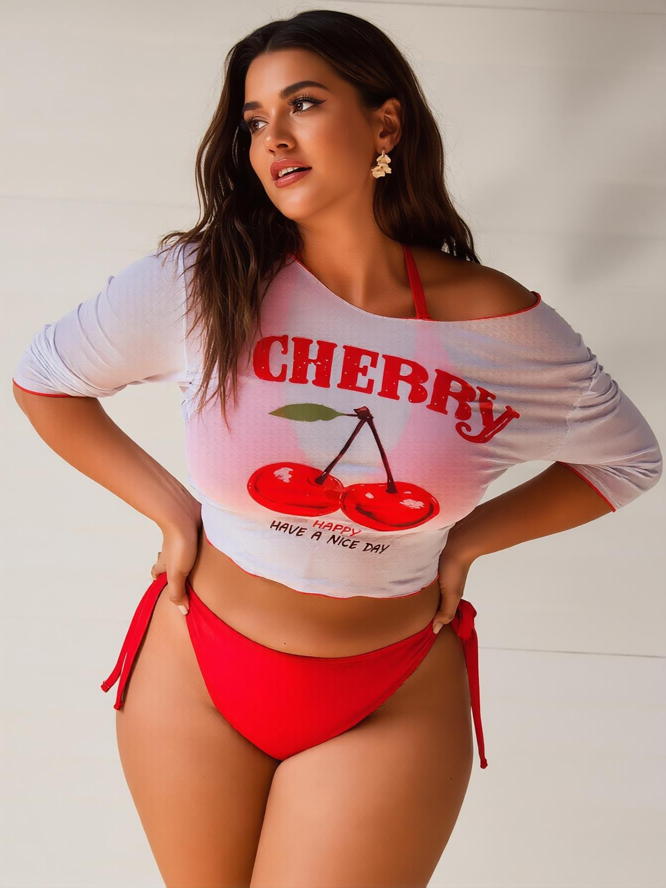 Tropical Style Plus Size Cherry Print 3 Piece Bikini Set Red Halter Tie Side Bathing Suit with Mesh Cover Up