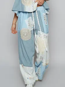 Women's Light Lined Cotton Casual Sky Blue Elastic-Waist Wide-Leg Pants - Lace Patchwork, Embroidery, Soft Fabric Bottoms for Daily Wear (Size M)