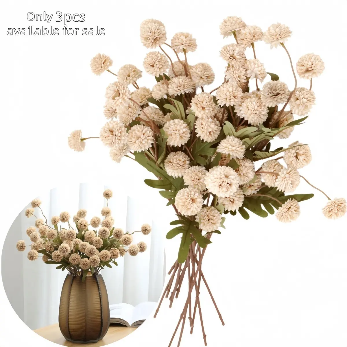 3Pcs Spring Artificial Pom-Pom Flowers Snowball Decorative Flowers - Graduation Gifts Dandelion Bulk Faux Silk Blooms for DIY Bouquets, Wedding Centerpieces & Home Office Teacher Appreciation Gifts（without a vase）