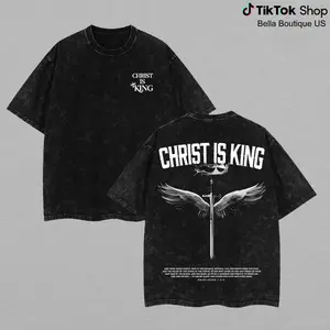 Christ Is King Vintage Washed T-Shirt, Christian Streetwear Graphic Tee, Angel Wings Sword Faith Shirt, Revelation 1:5-6 Scripture Washed Oversized Tee, Heavy Cotton Religious Christian Apparel For Men Women