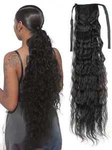 34 Inch Super Long Black Pony Tail Wig Super Long Curly Pony Tail Hairpiece Synthetic Hair Band Long Curly Wave Pony Tail Glamorous Look Long Hair Pony Tail Extension Synthetic Extensions For Women Daily Use And Holiday Wear