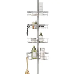 Tension Pole Shower Caddy Corner Organizer, Adjustable Standing Shower Caddy with 4 L-shaped Baskets and Hooks, Rust Resistant Bathroom Tension Rod Organizer, 60 to 97 Inch, Satin Nickel