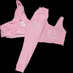 Pink 3-Piece Y3M Sweatsuit - Includes Hoodie, Joggers, and Crop Top with Logo Design