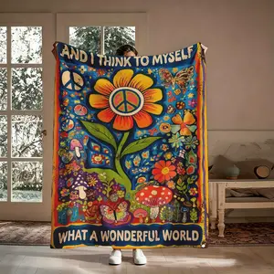 What A Wonderful World Flannel Throw Blanket, Peace Sign Sunflower Mushroom Butterfly Boho Psychedelic Pattern, Soft Cozy Warm Nap Blanket for Couch Bed Sofa, Unique Hippie Gift for Her Him Art Lovers, Birthday Christmas Holiday Housewarming Gift