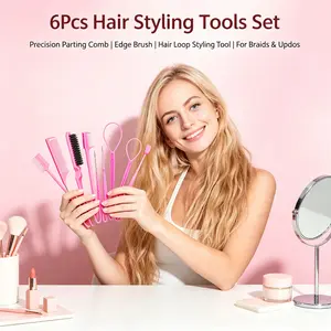 5Pcs Hair Styling Tools Set, Edge Brush, Eyebrow Brush，Teasing Comb, Rat Tail Comb & Hair Loop Styling Tools for Braiding Ponytail Hairdo