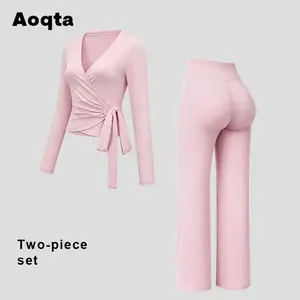 Women's V Neck Wrap Tie Crop Top High Waisted Wide Leg Yoga Pants Set Sexy Slim Fit Casual Workout Lounge Two Piece Outfit Fabric