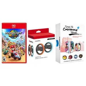Mario Kart World for Nintendo Switch 2 and Sentriq Steering Wheel Set with MightySkins Joy-Con Controller Skin Code Bundle