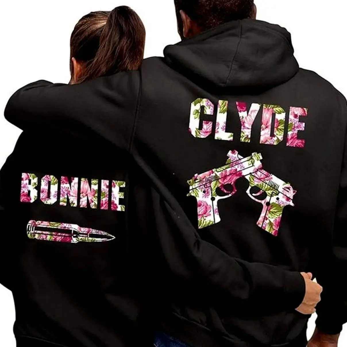 Bonnie Clyde Matching Couple Graphic Hoodie Casual Fleece Fabric Pullover Hooded Sweatshirt for Women for Men, Perfect Loves Gift Stretch Fit