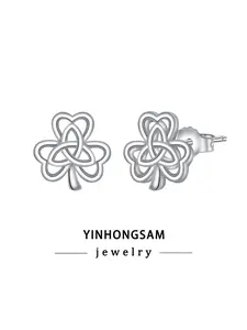 Lucky Clover Irish Leaf Stud Earrings for Women, 18k White Gold Plated Earrings, Trinity Witches Knot Irish Jewelry for Women Sensitive Ears