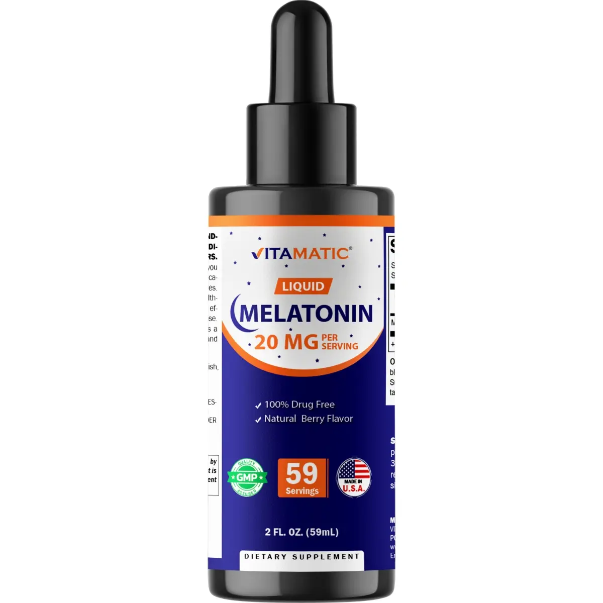 Vitamatic Melatonin 20mg Liquid Drops - 2 Fluid Ounce (59ml) - Natural Berry Flavor - for Adults - Non-GMO - Vegetarian Supplement Edible Dietary