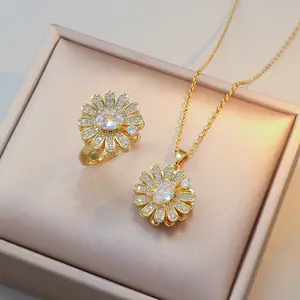 Zircon Flower Set Necklace Ring for Women Light Luxury New Design Pendant Elegant Set Titanium Steel Necklace