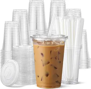100 Pack - 16 oz Clear Plastic Cups with Lids and Straws, Sturdy & Food Safe Iced Coffee Cups with lids, Disposable Plastic Smoothie Cups for Cold Drinks
