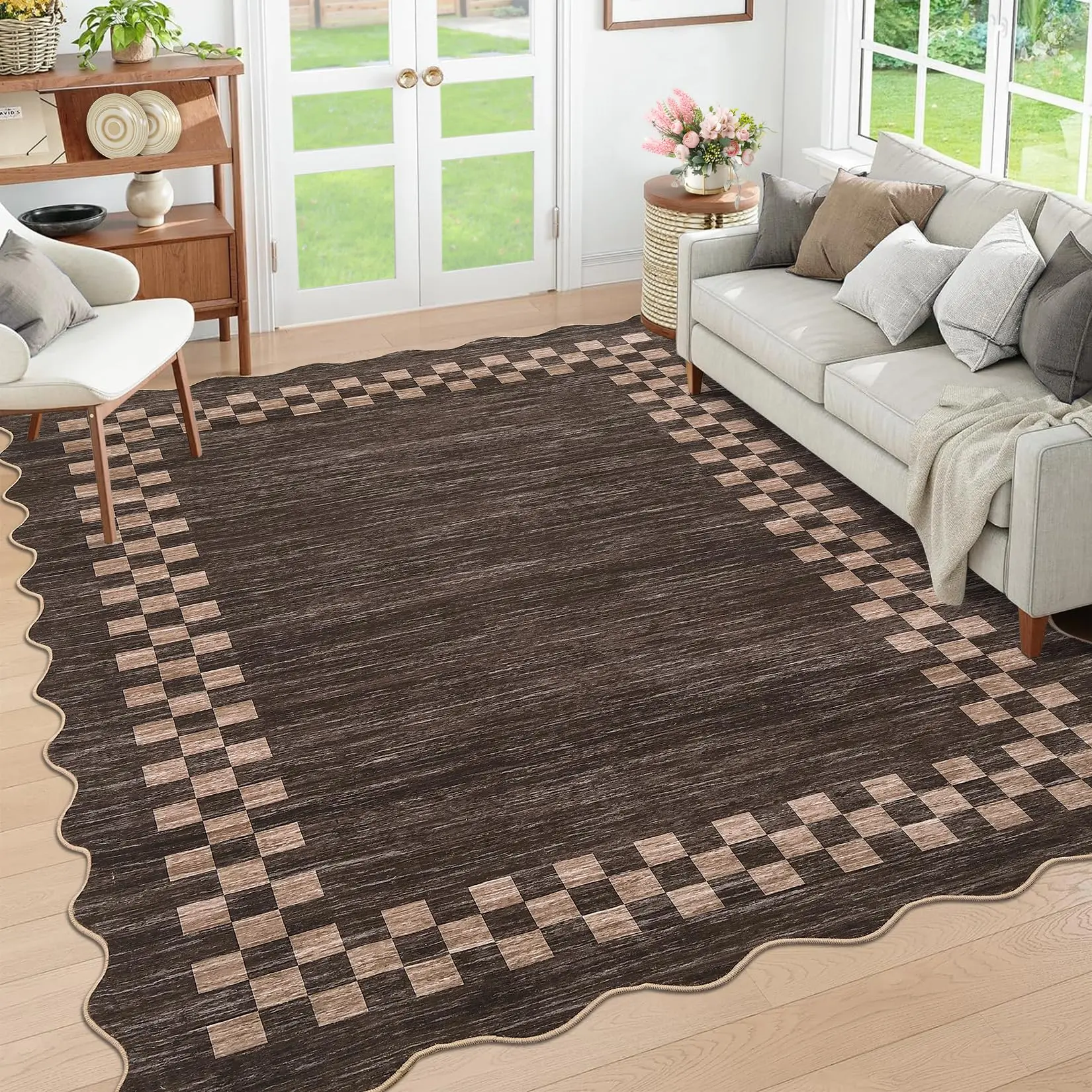 GARVEE Scalloped Washable Rug 9x12 Area Rug for Living Room Modern Border Large Bedroom Throw Carpet with Rubber Backing Stain Resistant Boho Rug for Dining Room Home Decor Office, Brown
