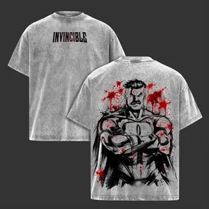 Omni-Man Washed Tee – Invincible Viltrumite Warrior Anime Graphic Double Printed T-Shirt, Menswear Heavy Cotton Unisex Oversize Streetwear Vintage Retro