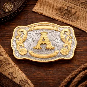 Vintage Style Western Cowboy Cowgirl Belt Buckle with Gold Plated Initial Letter