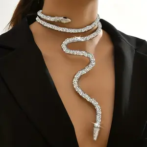 Adjustable fashionable sexy snake rhinestone collar, retro style, zinc alloy inlaid glass suitable for parties and festivals Multilayer Necklace Tarnish Proof Jewelry