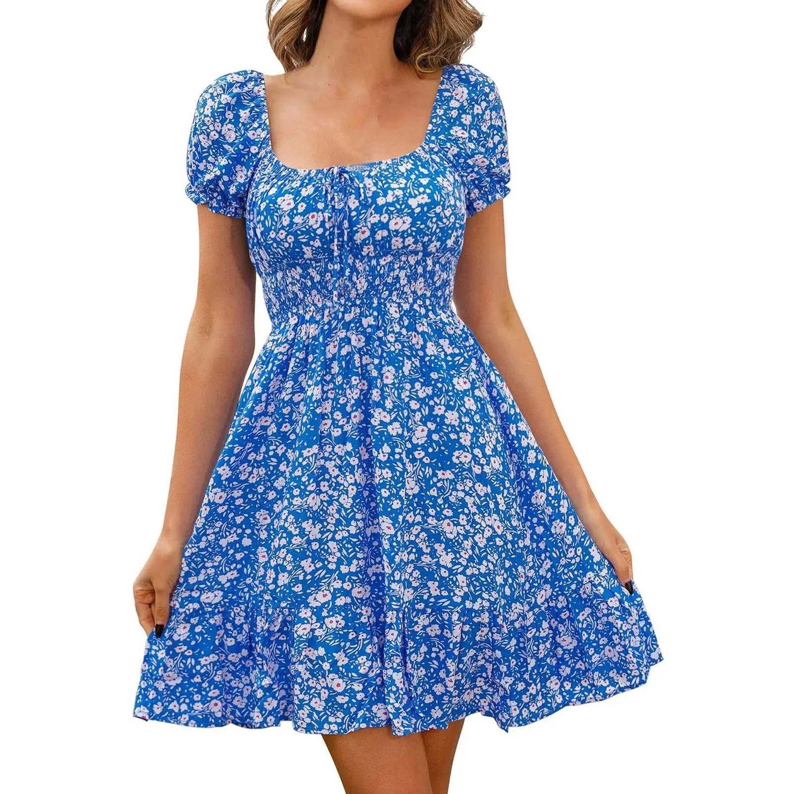 Women's Square Neck Floral Print Dress, Casual A-Line with Smocked Waist - Comfy Short Sleeve Ready to Wear Brunch Outfit, Soft, Brunch Outfit Ideas