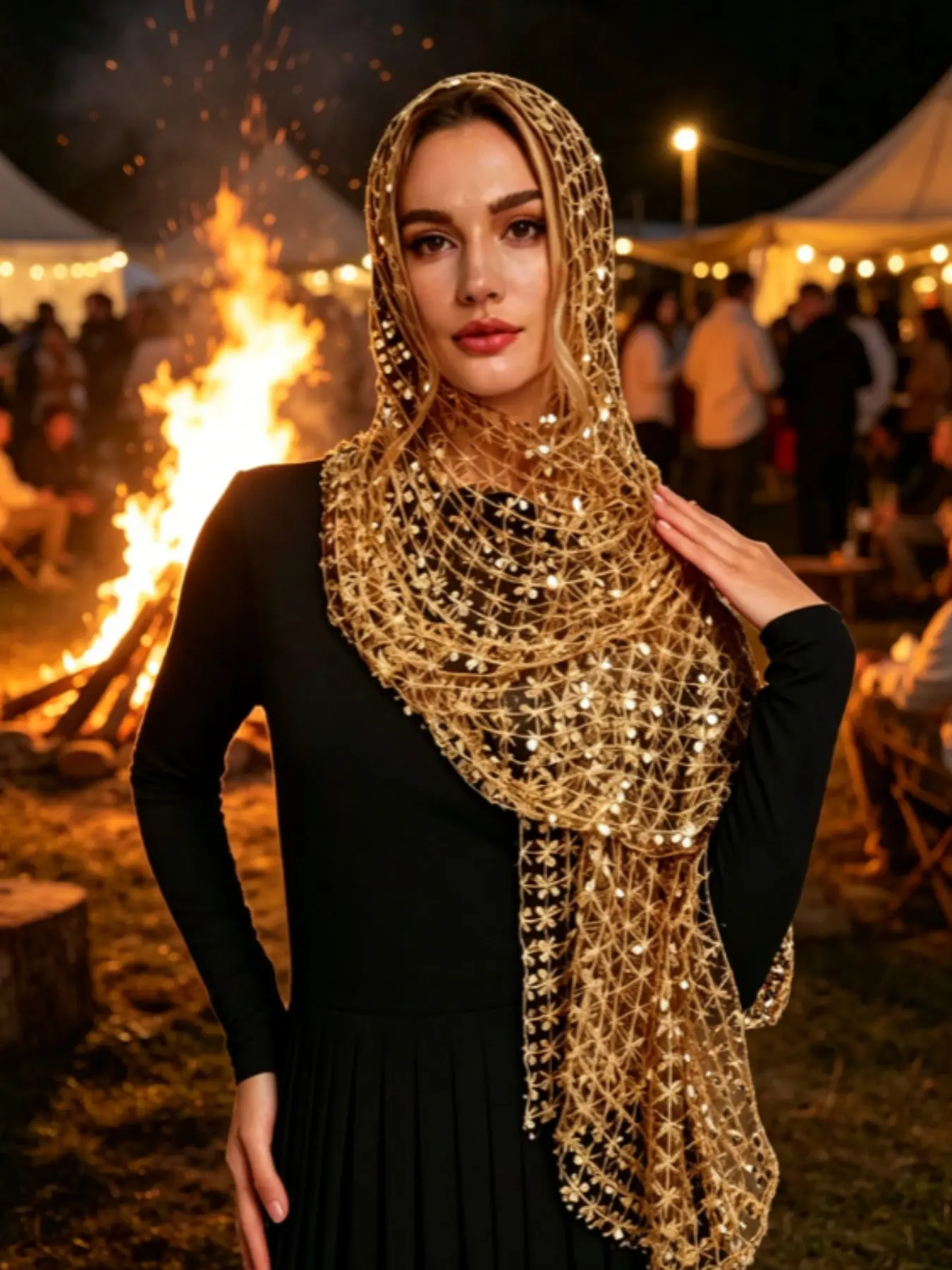 Women's Glittering Sequin Hollow Out Scarf, Decorative Scarf, Ethnic Style Fashion Knit Shawl Wrap, Perfect for Parties and School Events, Stylish Daily Wear Accessory