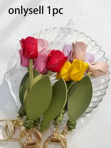 Korean-Style Instagram-Inspired Leather Tulip Keychain, Three-Dimensional Flower Bag Charm, Can Be Used As A Car Key Chain Or Bag Decoration, Suitable For Daily Commuting, Travel, Dates, Gifting, An Ideal Mother's Day Gift