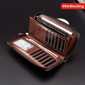Men's Long Zipper Wallet, Faux Leather RFID Blocking Business Clutch Bag Credit Card Holder, Elegant Style