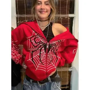 Women’s off-shoulder zip-up hooded jacket with spiderweb print, fashionable casual long-sleeve hoodie, suitable for everyday outdoor wear, women’s spring and autumn apparel GARMENTARY