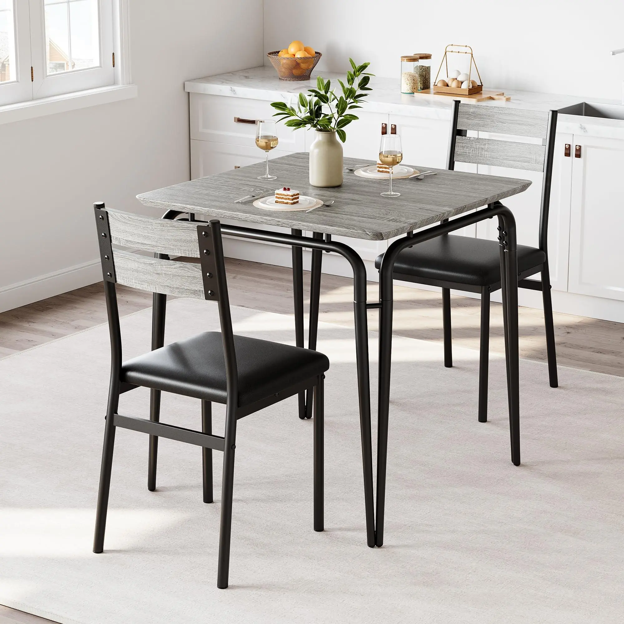 3-Piece Dining Table Set, Sturdy Wooden Square Table and Chair Breakfast Table Set for 4 Person,for Home or Commercial Dining Room,Grey
