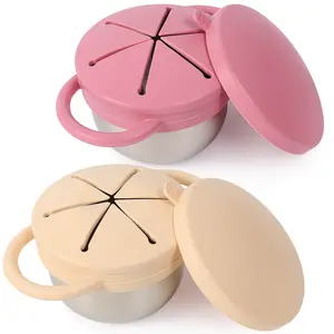 Solinfant 2 Pack Stainless Steel Spill Proof Snack Cup for Baby Toddlers Kids, with Silicone Food Catcher, Travel Lid, Spill-Proof Bowl Containers, Toddlers Essentials, Non Toxic BPA Free