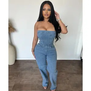 Linda Strapless Wide Leg Denim Jumpsuit (Lt Blue)