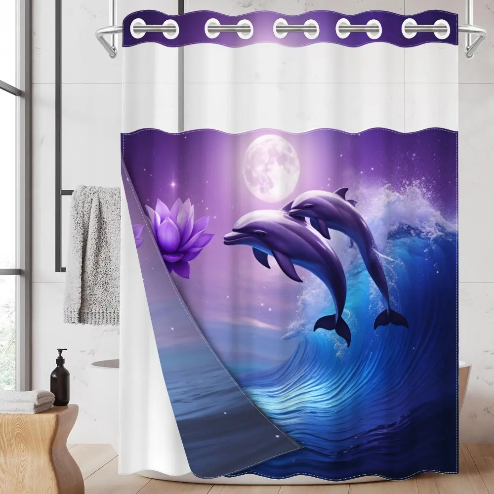 1pc hookless shower curtain with buckle lining, Decorative, Aesthetic, Pretty shower curtain, dolphin wave and water lily design, 2D flat printing, fabric waterproof lining, double-layer shower curtain, 71 x 74 inches, Bathroom curtain