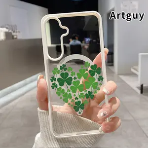 Magnetic Phone Case Compatible with Samsung Galaxy S24 Plus S25 S23 FE S22 Ultra S22+ Clover Heart Charm Pattern Transparent Acrylic Four Corner Shock-absorbing Airbag Hard Cover for Girl