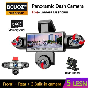 BCUOZ 5-Channel  Full HD 1080P Car Dash Cam  with 64GB Memory Card,Plug and play（No Battery),1080P Front + Rear+ Inside/Left/Right Cameras, Loop Recording,Super Night Vision,Car Video Surveillance,24H Parking Mode,Car DVR HD Screen.