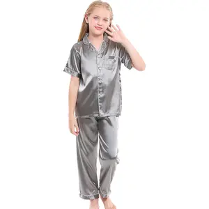 Kids Satin Short-Top and Long-Pants 2-Pieces Pajamas Sleepwears Set