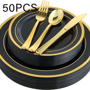 50-Piece Plastic Dinnerware Set with Trim, Includes Plates Dessert Plates Cutlery, Perfect for Parties Weddings Holidays