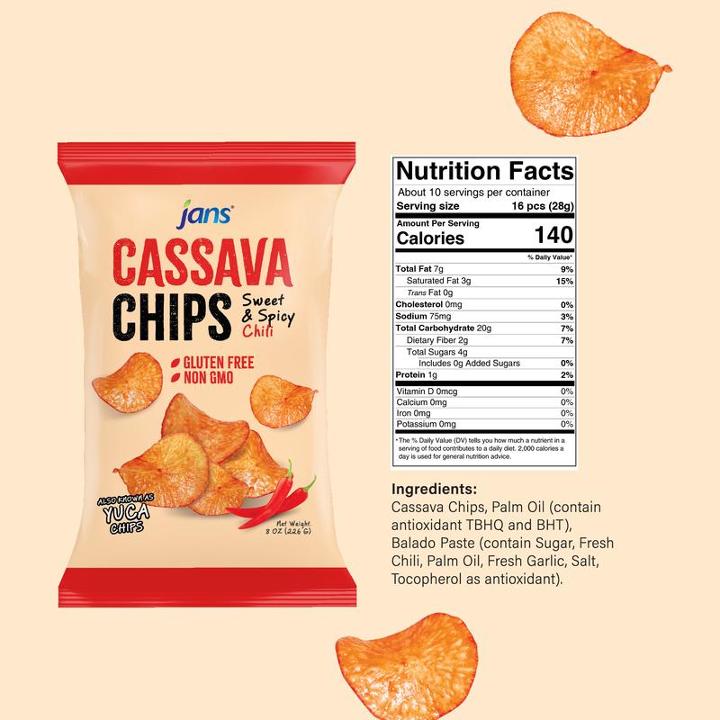 Jans Cassava Chips Sweet & Spicy Chili Flavor 8oz (Pack of 2) — Crunchy Yuca Chips | Cassava Balado