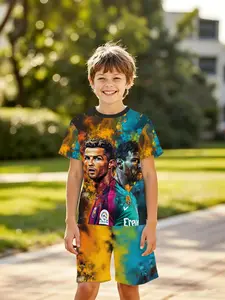Boys' Colorblock 3D Football Legend Set, Summer Quick-Dry Two-Piece, Birthday Gift, Holiday Present, Casual Slim Fit Shorts