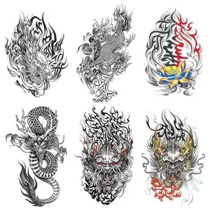 6 pieces of fire qilin (unicorn) head with flame, good and evil characters, traditional pattern simulation temporary tattoos, for men, suitable for arm stickers.
