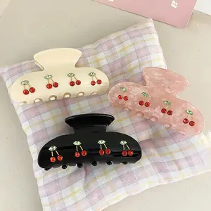 SleekHush 3pcs Sweet Cherry Hair Claw Clip Cute Acrylic Clips Elegant Back Head Shark Clip for Women in Black Pink & Beige