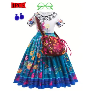 Girl's Fairy Tale Princess Dress Floral Print Cartoon with Glasses, Earrings, and Purse Accessories 4pcs Halloween Carnival Easter Party Evening Gown as Birthday Gift