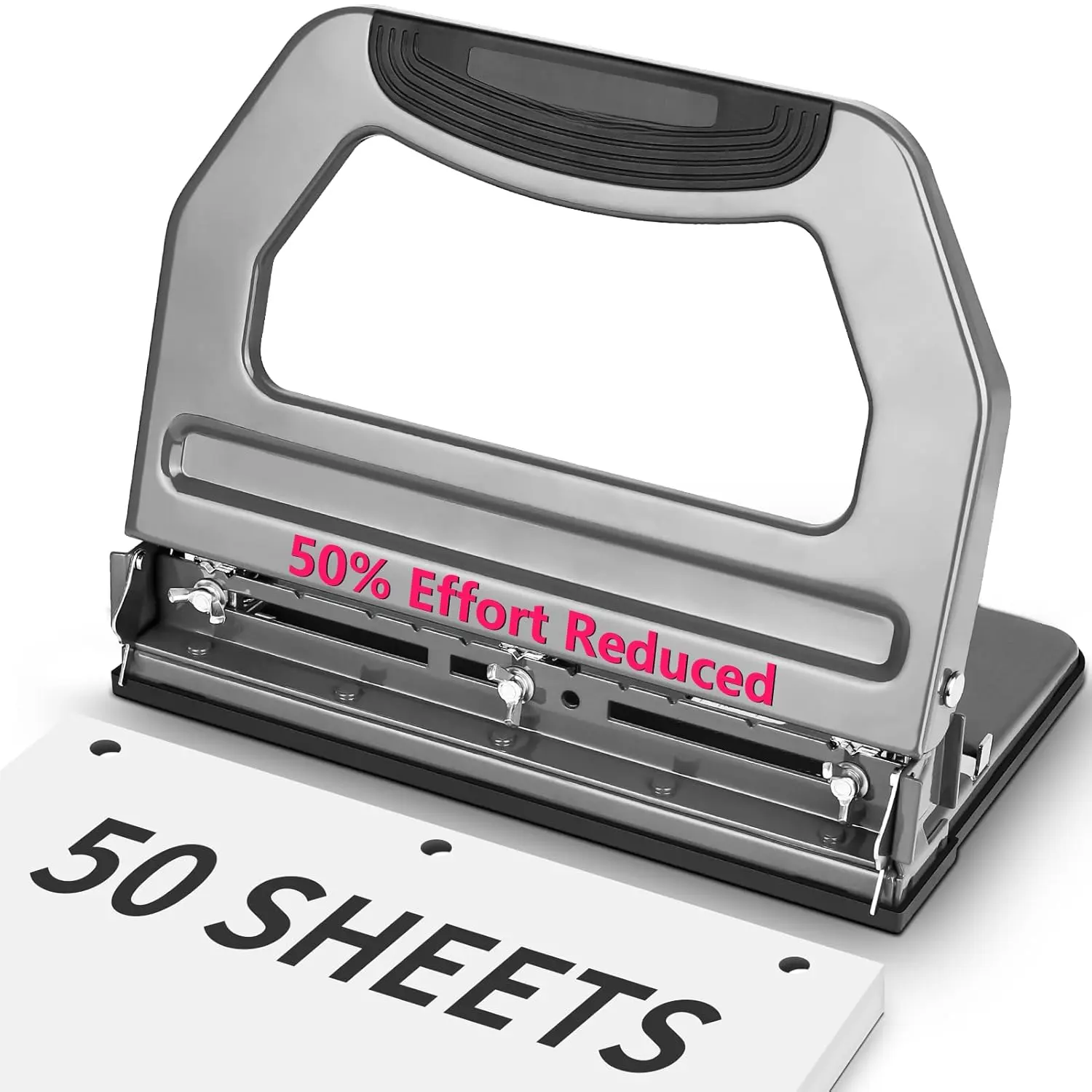 Heavy Duty 3 Hole Punch, 50-Sheet, 50% Reduced Effort, Adjustable Two & Three Hole Punch, Metal Paper Puncher w/Large Chip Tray, Metal Paper Guide, Gray