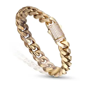 12mm Miami Cuban Link Bracelet 14K REAL Gold Plated Hypoallergenic Premium Stainless Steel Hip Hop Jewelry For Men Women Father Day Birthday Gift (No Color Fade, Double-sided Iced Out Clasp)